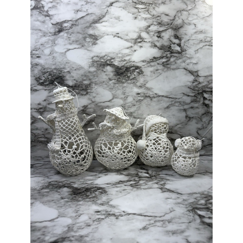 Vintage Handmade Crochet Snowman Ornaments Set Of 4 White Glitter Yarn Figurines